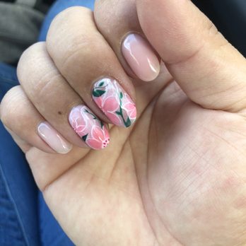 Alpha Nails - Hard gel with flowers over marble design. - Nail Salons Near Me - Millbrae, California