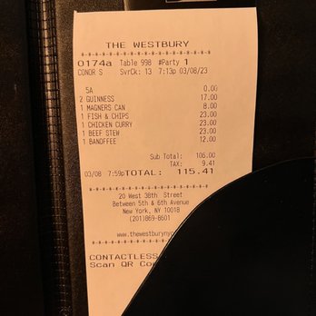 The Westbury - a receipt in a wallet - Irish Near Me - New York, New York