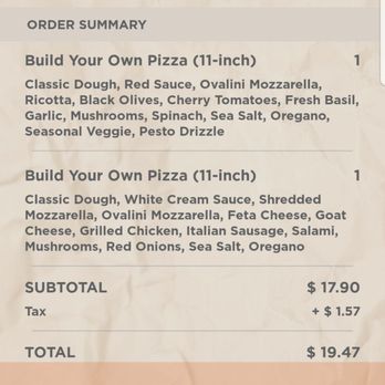 Blaze Pizza - Screenshot of our order - Pizza Near Me - Riverside, California