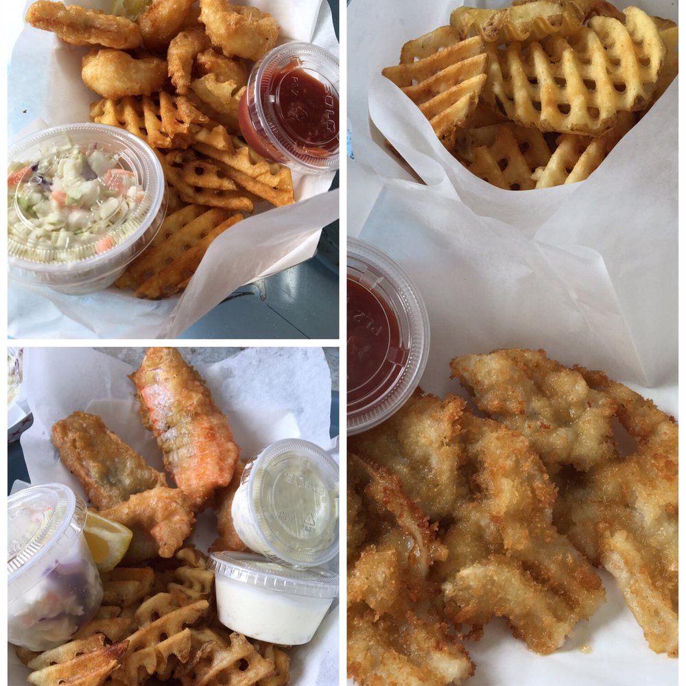 Buoy's Best - From top right, prawns, bottoms salmon, razor clams basket. Baskets come with coleslaw and fries! - Seafood Near Me - Seaside, Oregon