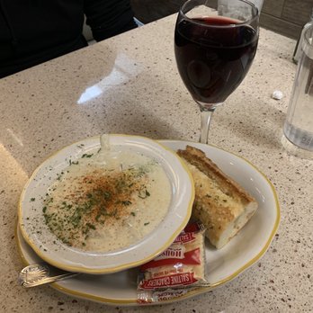 Brad's Restaurant - Travelers set - clam chowder with a glass of wine - Seafood Near Me - Pismo Beach, California