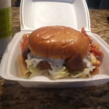 Tonys Philly Steaks - Gyro cheese burger...had me full 2 days. I could only eat half.  Ask for xtra sauce other wise dry - Burgers Near Me - Chicago, Illinois