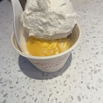 Melt Me Creamery - Bangkok summer 1/2 scoop on bottom and mango sticky rice 1/2 scoop on top. - Ice Cream & Frozen Yogurt Near Me - Berkeley, California Melt Me Creamery - Bangkok summer 1/2 scoop on bottom and mango sticky rice 1/2 scoop on top. - Ice Cream & Frozen Yogurt Near Me - Berkeley, California