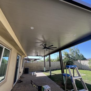 Paradise Patio Covers - Covered patio with 2 fans and 8 LED recessed lights. - Patio Coverings Near Me - La Habra, California Paradise Patio Covers - Covered patio with 2 fans and 8 LED recessed lights. - Patio Coverings Near Me - La Habra, California