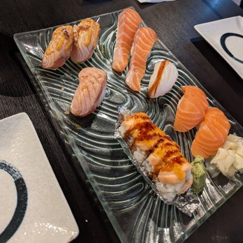 One Piece Sushi - My favorites: Seared Salmon, Salmon Belly, Lion King Roll, regular Salmon, and ika cause why not - Japanese Near Me - Millbrae, California