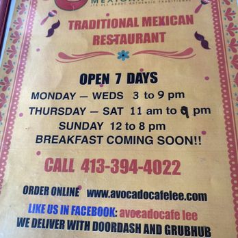 Avocado Cafe Lee - Menu - Mexican Near Me - Lee, Massachusetts