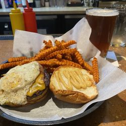 Eaton Pub & Grille & Charlotte Brewing - Hangover Burger and sweet potato fries pair with a Copper Mountain Amber!
