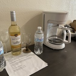 Complimentary bottle of wine and two bottled waters
