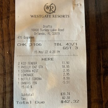 Drafts Sports Bar & Grill - Our total .. very reasonable or actually cheap for the quality of the food - American Near Me - Orlando, Florida Drafts Sports Bar & Grill - Our total .. very reasonable or actually cheap for the quality of the food - American Near Me - Orlando, Florida