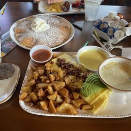 Pancake, omelet with fried potatoes and grits. The potatoes were fantastic!!! Pancake, omelet with fried potatoes and grits. The potatoes were fantastic!!!