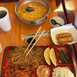 JJ Teriyaki - Spicy pork bento, seafood ramen and egg roll. Extra japchae instead of side salad on bento! 10/10