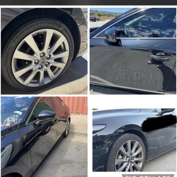 Emerald City Auto Body - First 3 photos are after their service, bottom right photo is the before photos with dent on door, scratch/dent on fender, and dirty tires - Body Shops Near Me - San Francisco, California