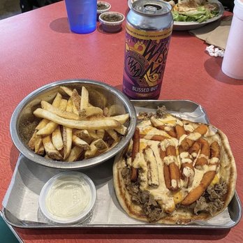 Pita Wheel - The Ricky Bobby (November special; steak, pimento cheese, sautéed onions, sweet potato fries, and chipotle ranch) - Cafes Near Me - Gastonia, North Carolina Pita Wheel - The Ricky Bobby (November special; steak, pimento cheese, sautéed onions, sweet potato fries, and chipotle ranch) - Cafes Near Me - Gastonia, North Carolina