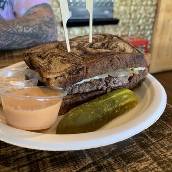 Jaspers Cafe - The Patty Melt 10oz GB Pattyon Thick Marbled Rye w/ Grilled Onions, Melted Swiss and Chipotle Aioli. My fiancé opted Thousand Island. - Burgers Near Me - Medford, Oregon