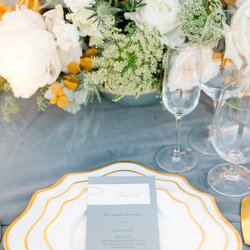 Olive & Emerald - Intimate wedding reception Dinner Menu with attached guest Place Card on place setting.