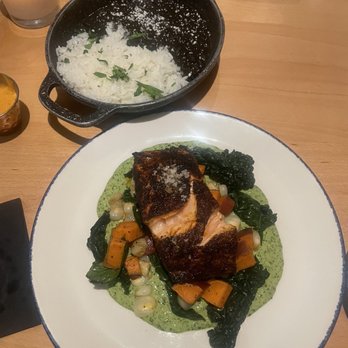 Fresco Cocina - Mole Spiced Salmon - DELICIOUS and side of Cilantro-Lime Rice & Beans - Tacos Near Me - Carlsbad, California