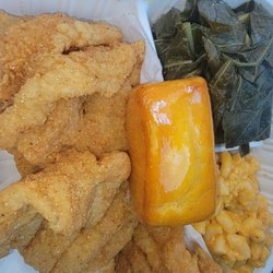 Crazy Down Home Chicken and Seafood - Fried Cat Fish, Macaroni and Cheese, Collard Greens, and Corn Bread.