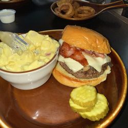 Four Seasons Restaurant & Ice Cream Parlor - Bacon mushroom Swiss burger with potato salad.