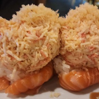 Sushi Zen - Close up of the Stuffed Pumpkin roll. Pumpkin is with salmon. The available Stuffed Tomato Roll has tuna. - Sushi Bars Near Me - Mill Creek, Washington