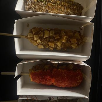 Dessert Cafe Concord - Elote (Real Corn On The Cob), Potato Half N Half Hot Dog, Flamin's Hot Nacho Cheese Potato Half N Half Hot Dog, Potato Half N Half Hot Dog - Desserts Near Me - Concord, California