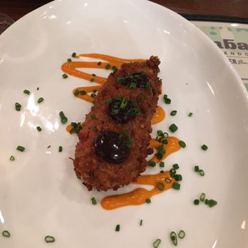 AMBAR Restaurant, Clarendon - Breaded pepper stuffed with cheese and topped with delicious kalamata olive jam. A souped up popper. - Modern European Near Me - Arlington, Virginia