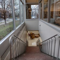 Stairs to the lower level from the main vestibule on Porter Ave.