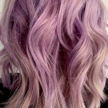 Pascal Pour Elle - Wavy hair with pastel purple and pink coloring, styled in loose curls, shown from the back. - Hair Salons Near Me - Glencoe, Illinois