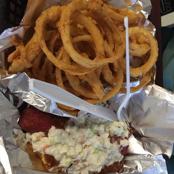 Rachel's Wing Shack - 1/4lb Sabrett Hot Dog add Slaw, Chili w/ Onion Rings - American Near Me - Deland, Florida Rachel's Wing Shack - 1/4lb Sabrett Hot Dog add Slaw, Chili w/ Onion Rings - American Near Me - Deland, Florida