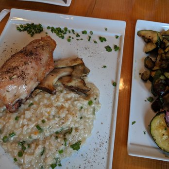 Sweet Pea's Cafe - Mandala Farm chicken over risotto, wood-fired veggies (zucchini, eggplant) - Cafes Near Me - Bar Harbor, Maine