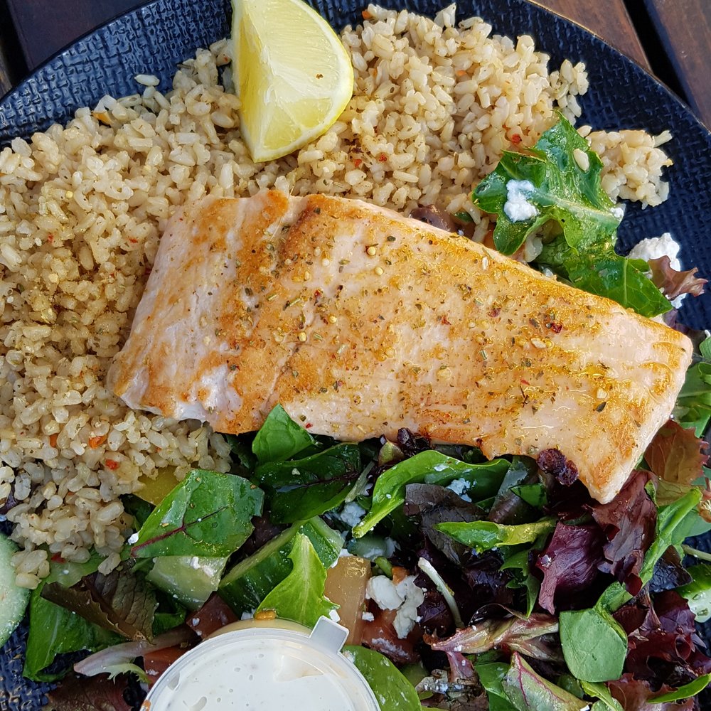 Saltwater Grill - Salmon with brown rice and Mediterranean salad - Fast Food Near Me - Albert Park, VIC Saltwater Grill - Salmon with brown rice and Mediterranean salad - Fast Food Near Me - Albert Park, VIC