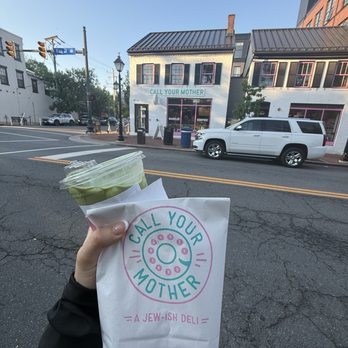 Call your Mother Deli - Old Town - Orders ice matcha with lavender honey and pj bagel - Bagels Near Me - Alexandria, Virginia
