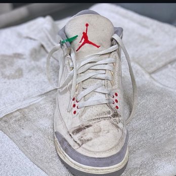 Shoe Doctor - Customer's dog, Crawford, ruined the cavas Jordan 3. (Before) - Shoe Stores Near Me - Chicago, Illinois