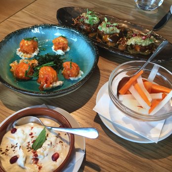 Chai Ki - Appetizers (clockwise from top): grilled eggplant, pickled root vegetables, raita, and Goan prawns - Asian Fusion Near Me - London, XGL Chai Ki - Appetizers (clockwise from top): grilled eggplant, pickled root vegetables, raita, and Goan prawns - Asian Fusion Near Me - London, XGL