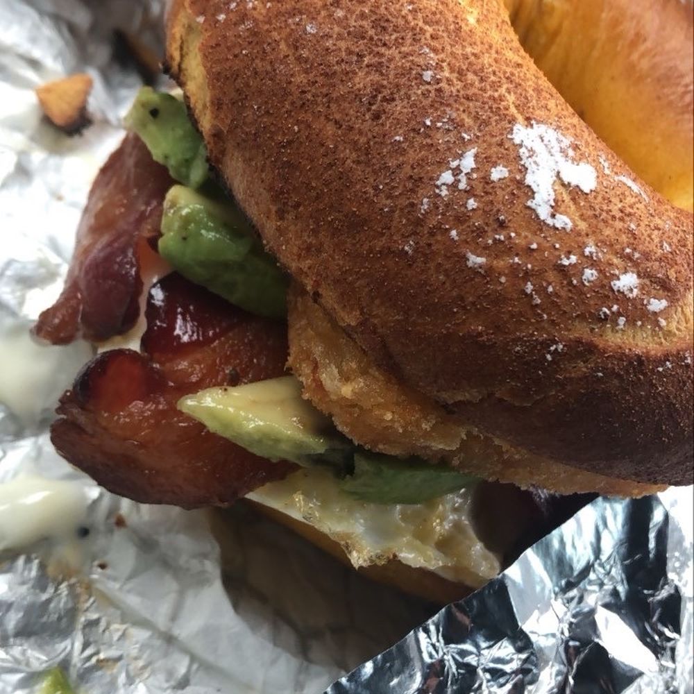 Bagel House - Bacon Egg and Cheese on a French Toast Bagel with A Hash brown and Avacado - Bagels Near Me - West Deptford, New Jersey Bagel House - Bacon Egg and Cheese on a French Toast Bagel with A Hash brown and Avacado - Bagels Near Me - West Deptford, New Jersey