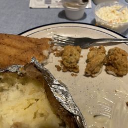 Small plate:  salt & pepper catfish fillet & fried oysters w baked potato & slaw
