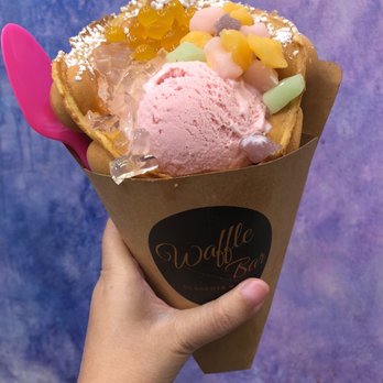 Waffle Bar - Bubble waffle: strawberry ice cream with mochi, lychee jelly and mango popping boba - Waffles Near Me - Minneapolis, Minnesota