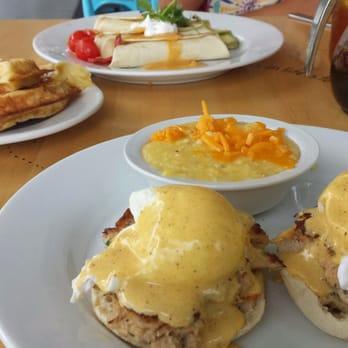 Five Loaves Cafe - The Southern Benny - crab cake, fried green tomato, pimento cheese, poached eggs, English muffin topped w/ Old Bay hollandaise! - Sandwiches Near Me - Summerville, South Carolina