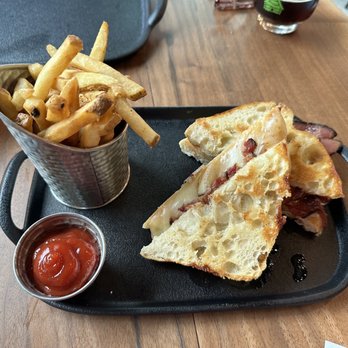 Cabin Boys Brewpub - Upside down grilled cheese with bacon and a side of fries - Brewpubs Near Me - Tulsa, Oklahoma Cabin Boys Brewpub - Upside down grilled cheese with bacon and a side of fries - Brewpubs Near Me - Tulsa, Oklahoma