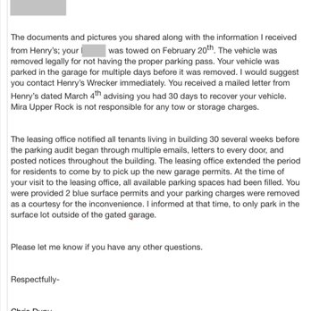 Henry's Wrecker Service - The harsh response I received from Chris Dupy (Property Manager at Mira Upper Rock) after I demanded he pay all towing & storage fees - Towing Near Me - Gaithersburg, Maryland Henry's Wrecker Service - The harsh response I received from Chris Dupy (Property Manager at Mira Upper Rock) after I demanded he pay all towing & storage fees - Towing Near Me - Gaithersburg, Maryland
