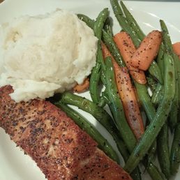 Pan seared salmon with carrots, green beans, and garlic mashed potatoes. Pan seared salmon with carrots, green beans, and garlic mashed potatoes.