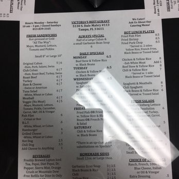 Victoria's - the menu of the restaurant - Fast Food Near Me - Tampa, Florida Victoria's - the menu of the restaurant - Fast Food Near Me - Tampa, Florida
