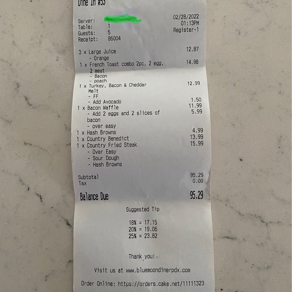 Blue Moon Diner - Receipt from visit - American Near Me - Beaverton, Oregon