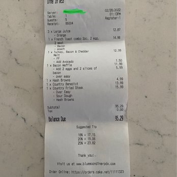 Blue Moon Diner - Receipt from visit - American Near Me - Beaverton, Oregon Blue Moon Diner - Receipt from visit - American Near Me - Beaverton, Oregon