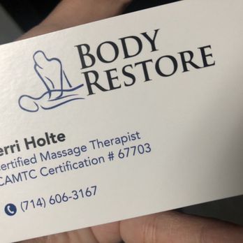 Body Restore - Terri's business card with her certification # - Massage Therapy Near Me - Newport Beach, California