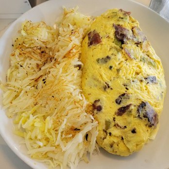 Honey Berry Pancakes and Cafe - A huge build your own omelette (I got bacon, broccoli, and provolone) with hashbrowns - Pancakes Near Me - Brookfield, Wisconsin