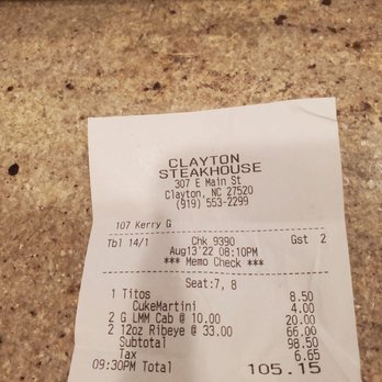 Clayton Steakhouse - Receipt. Billed as ribeyes. - Steakhouses Near Me - Clayton, North Carolina