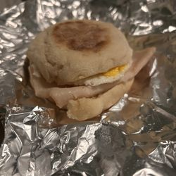Turkey ham, egg and cheese English muffin sandwich (asked for untoasted)