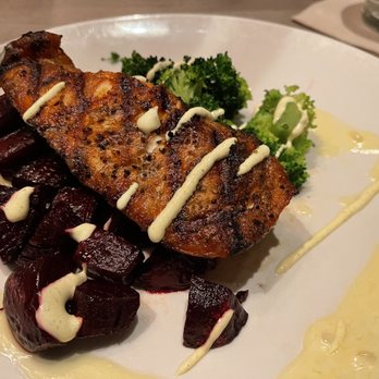 J. Wilson's - Salmon with beets and broccoli - New American Near Me - Lawrence, Kansas J. Wilson's - Salmon with beets and broccoli - New American Near Me - Lawrence, Kansas