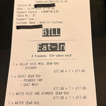 Enish Restaurant Camberwell - Receipt of our bill - African Near Me - London, XGL