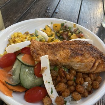 The '401 - Vegan Smoky Poblano Bowl** with blackened salmon - American Near Me - Bellaire, Texas The '401 - Vegan Smoky Poblano Bowl** with blackened salmon - American Near Me - Bellaire, Texas